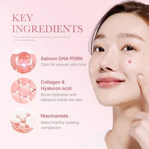 Woman applying cream to her face with key ingredients listed on a pink background