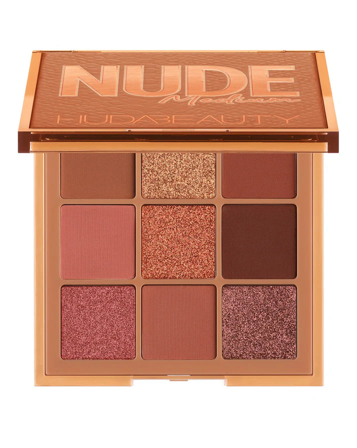 Huda Beauty nude makeup palette with nine square shades on a white background