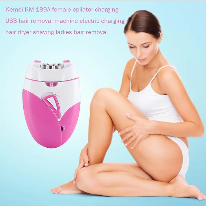 Woman using a Kemei KM-189A female epilator on her leg with product image on a light blue background.