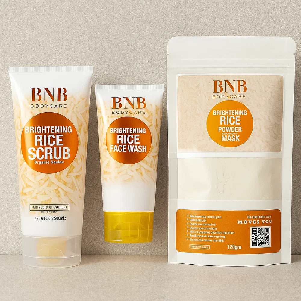 Three BNB Bodycare products, including a rice scrub, face wash, and mask, on a neutral background