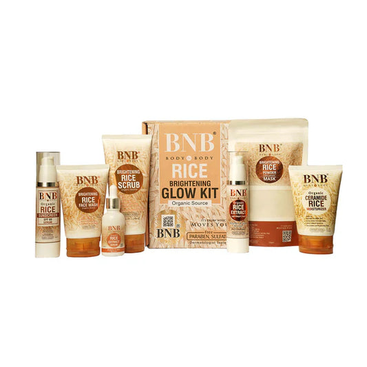 BNB Rice Brightening Glow Kit with various skincare products on a white background