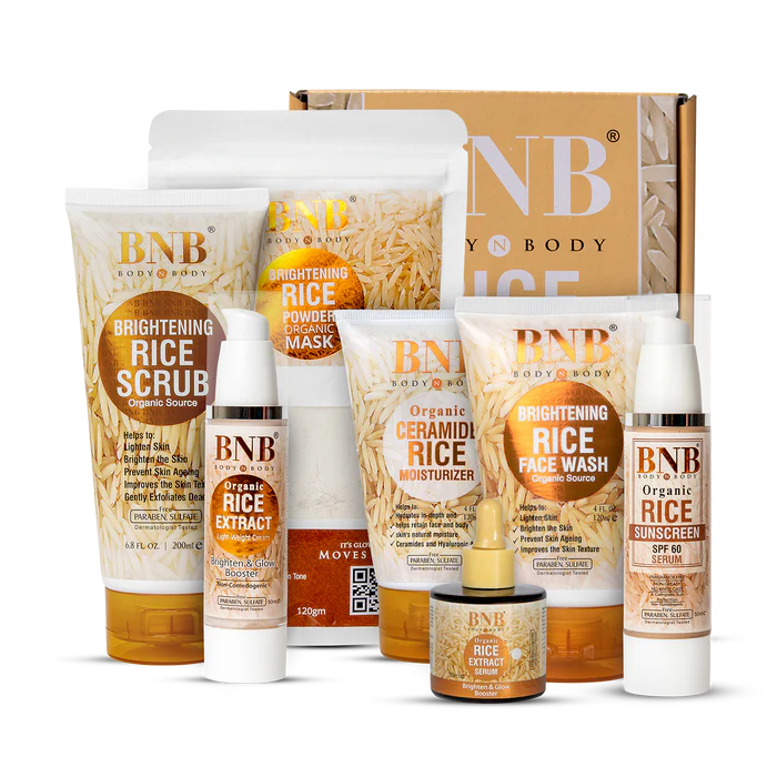 Collection of BNB Body & Body skincare products including scrub, mask, face wash, moisturizer, serum, and sunscreen.