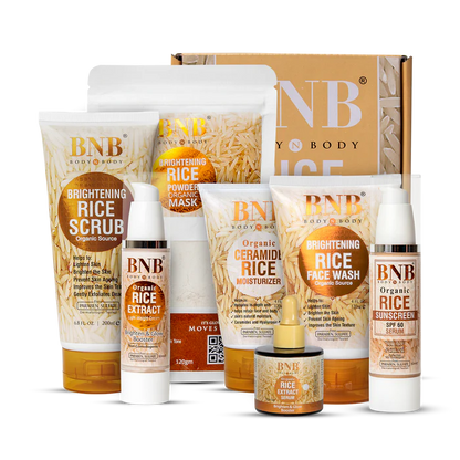 Collection of BNB Body & Body skincare products including scrub, mask, face wash, moisturizer, serum, and sunscreen.