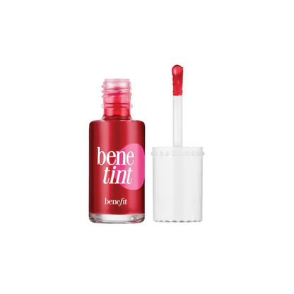Benefit lip tint bottle with applicator on a white background