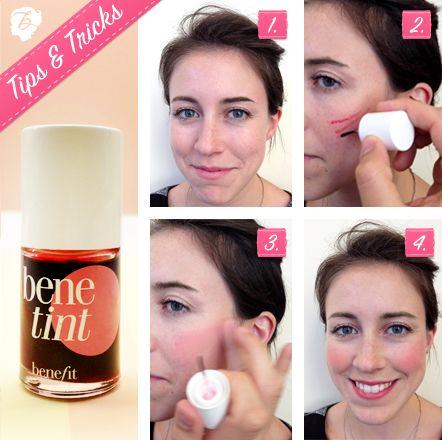 Step-by-step guide on applying Benefit Benetint makeup with close-up shots and product bottle.