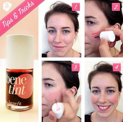 Step-by-step guide on applying Benefit Benetint makeup with close-up shots and product bottle.