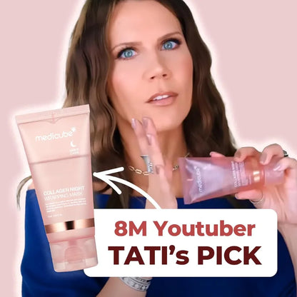 Woman holding skincare products with '8M Youtuber TATI's PICK' text on a pink background