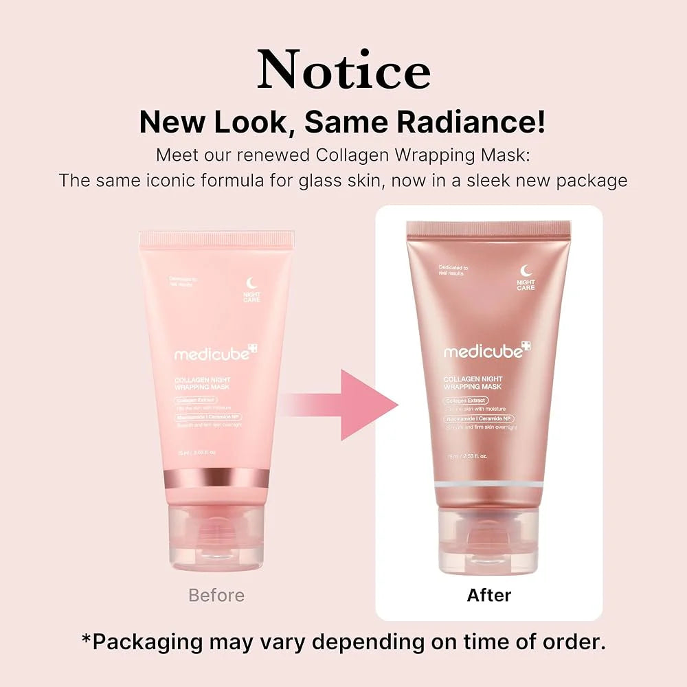 Collagen wrapping mask packaging comparison with 'Before' and 'After' labels on a light pink background.
