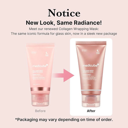 Collagen wrapping mask packaging comparison with 'Before' and 'After' labels on a light pink background.
