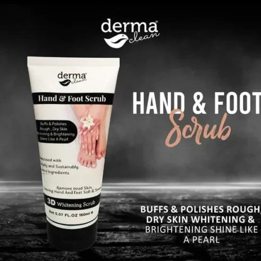 Derma Clean hand and foot scrub tube with product details on a dark background