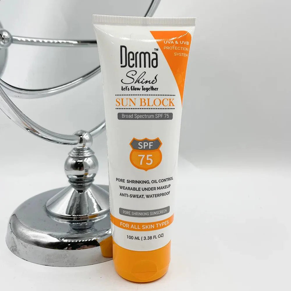 Tube of Derma Shield sun block cream with SPF 75 on a white background