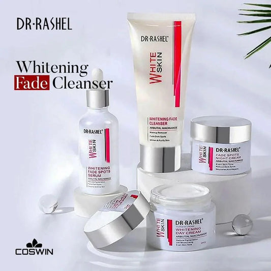 Dr. Rashel Whitening Fade Cleanser and other skincare products on a white background
