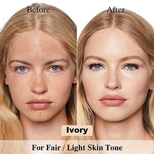 Before and after comparison of a woman's face with 'Ivory' makeup for fair/light skin tone.