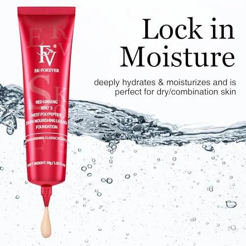 Red skincare tube with water droplets and text about moisturizing on a white background