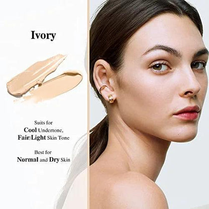 Woman with foundation swatches labeled 'Ivory' on a white background