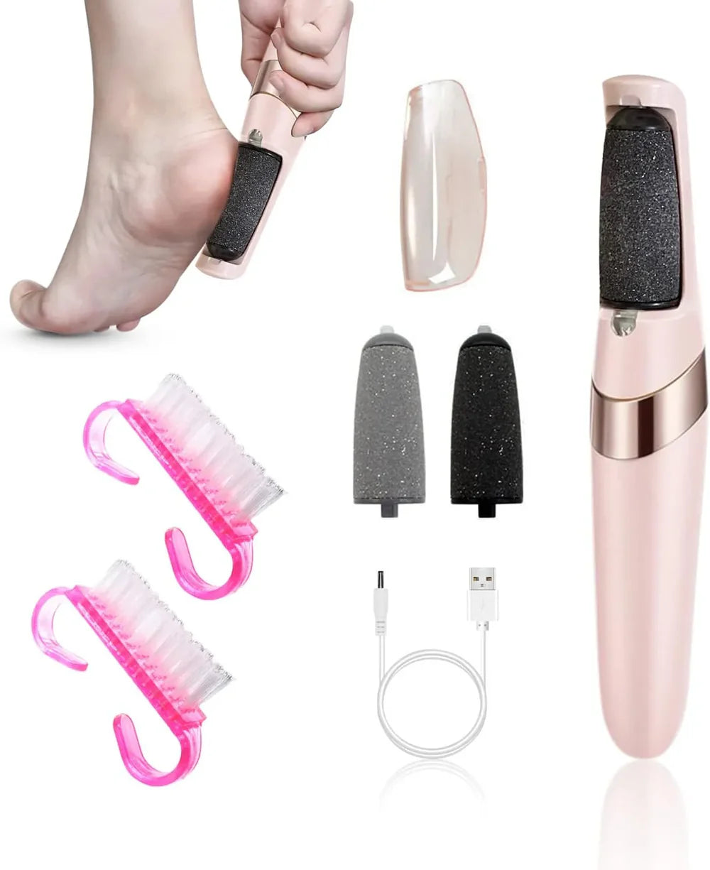 A foot care tool set with USB cable on a white background