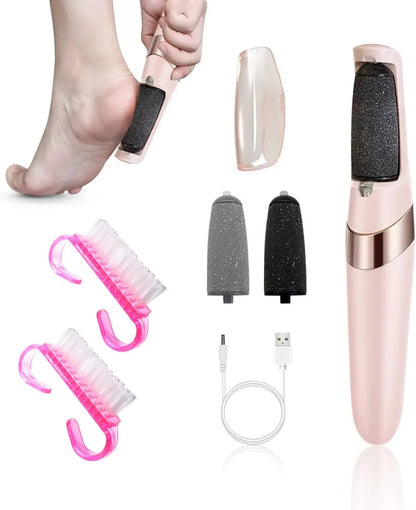 A foot care tool set with USB cable on a white background