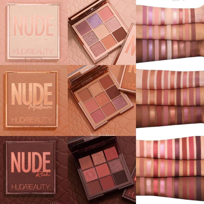 Collage of Huda Beauty Nude makeup palettes with close-up shots of colors.