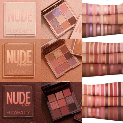 Collage of Huda Beauty Nude makeup palettes with close-up shots of colors.