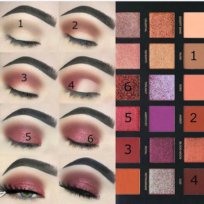 Makeup swatches with eye shadow application on eyelids and a makeup palette.