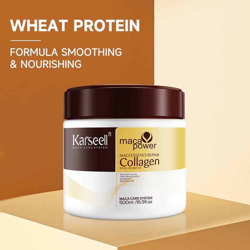 Karseell maca power collagen product on a beige background with text about wheat protein formula.