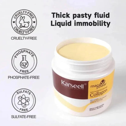 Karseell maca power collagen product with labels indicating cruelty-free, phosphate-free, and sulfate-free properties.