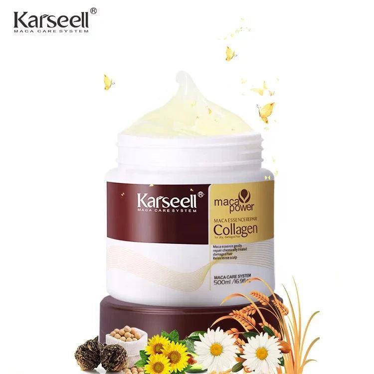 Karseell maca power collagen product with maca root, sunflower, and daisy on a white background