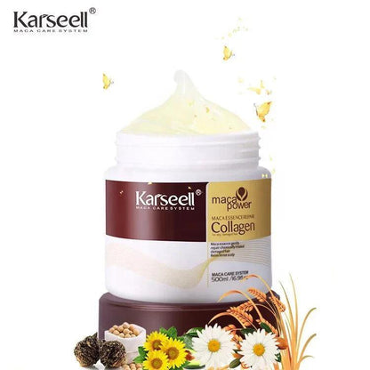 Karseell maca power collagen product with maca root, sunflower, and daisy on a white background