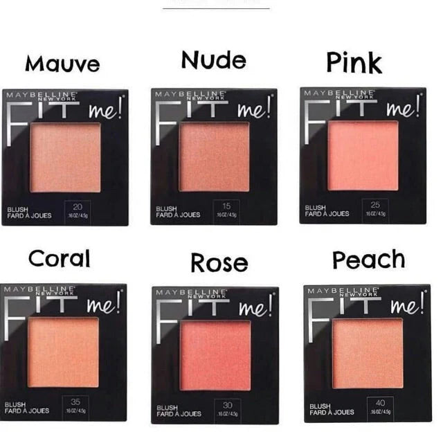 Maybelline Fit Me blushes in various colors with color labels above each.