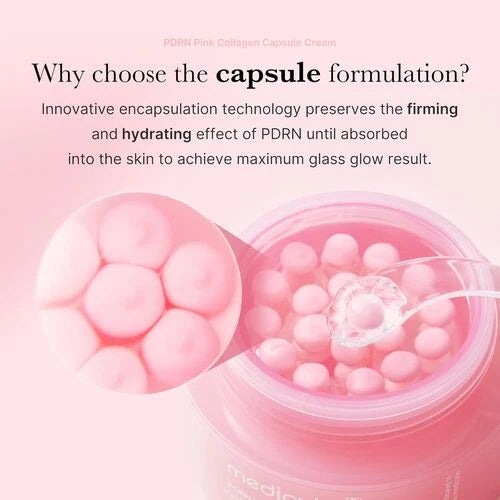Collagen capsule cream with text explaining its benefits on a pink background