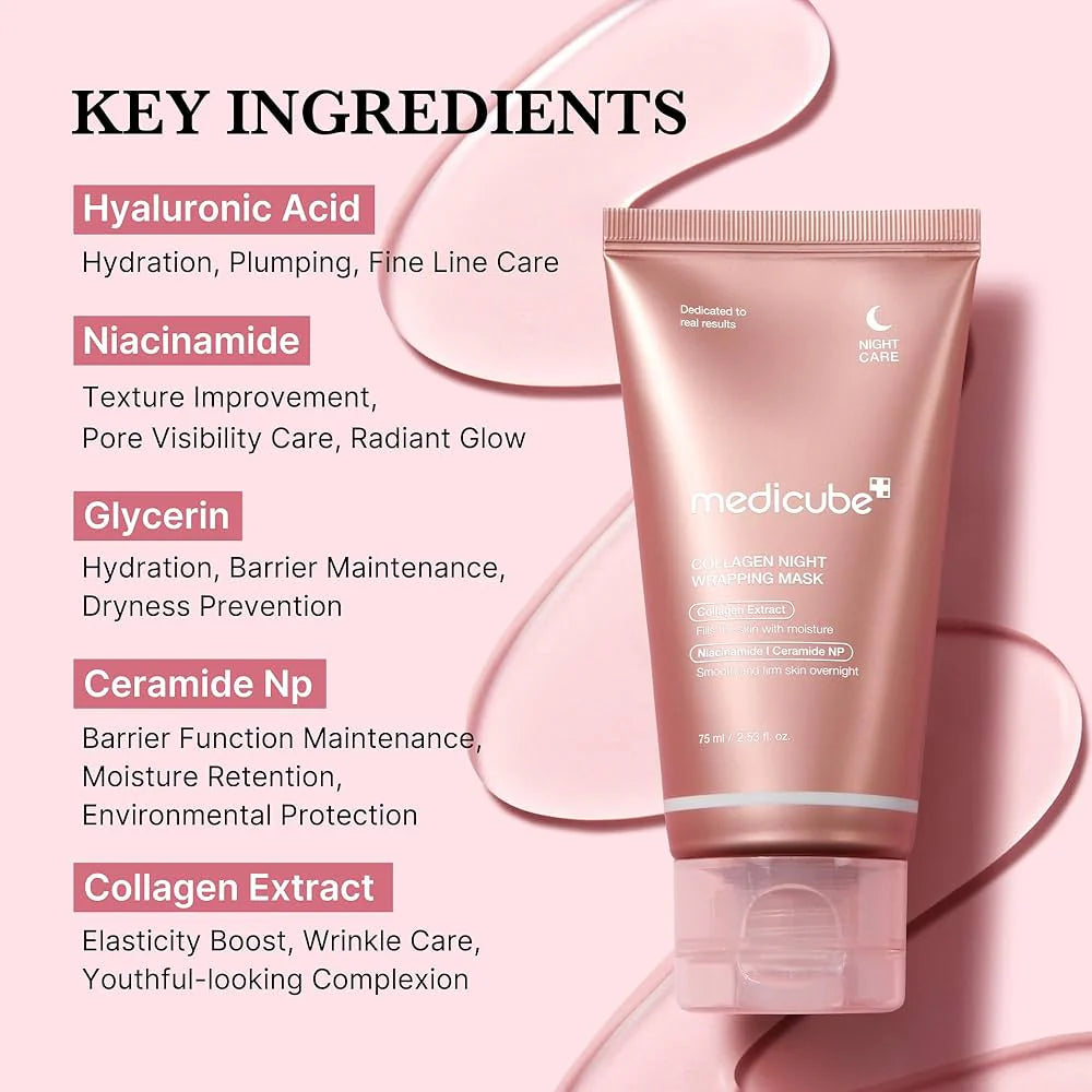 Skincare product with key ingredients listed on a pink background