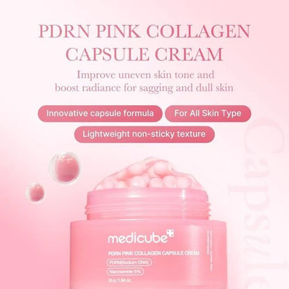 Pink collagen capsule cream jar with text on a pink background