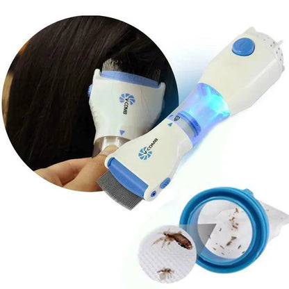 Hair removal device with a close-up of hair and collected hair and insects on a white background.