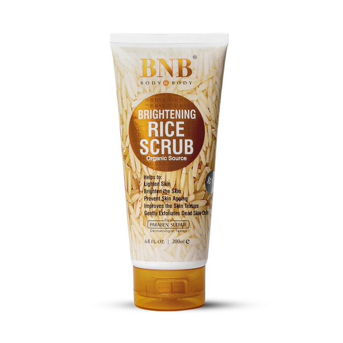 Tube of BNB Brightening Rice Scrub on a white background
