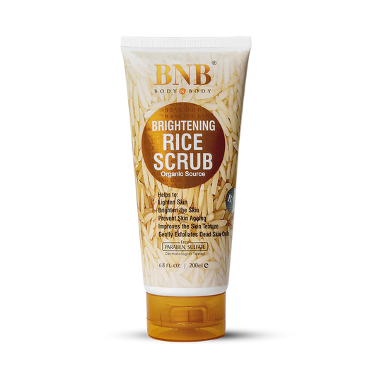 Tube of BNB Brightening Rice Scrub on a white background