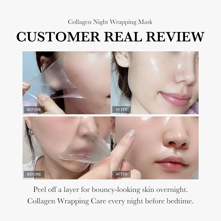Collagen night wrapping mask review with 'Before' and 'After' images of a person applying the mask.