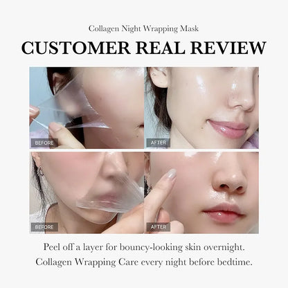 Collagen night wrapping mask review with 'Before' and 'After' images of a person applying the mask.