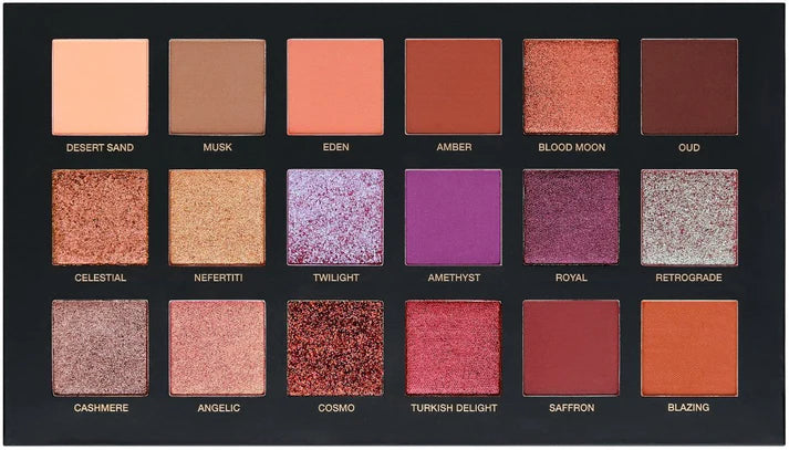 Makeup palette with various color swatches and names on a black background