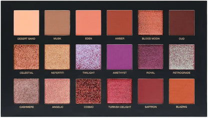 Makeup palette with various color swatches and names on a black background