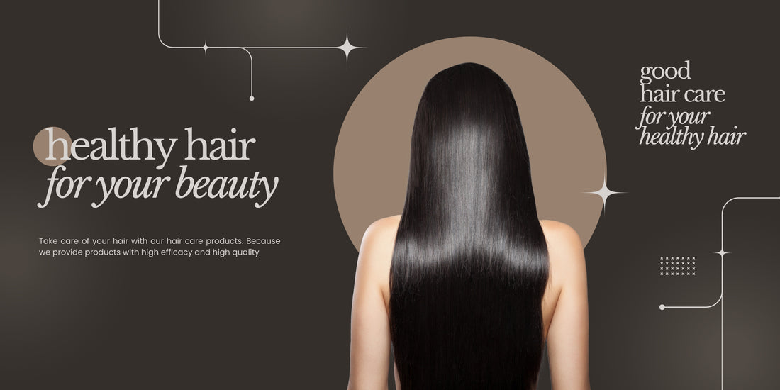 Person with long, straight hair against a dark background with text about healthy hair care.