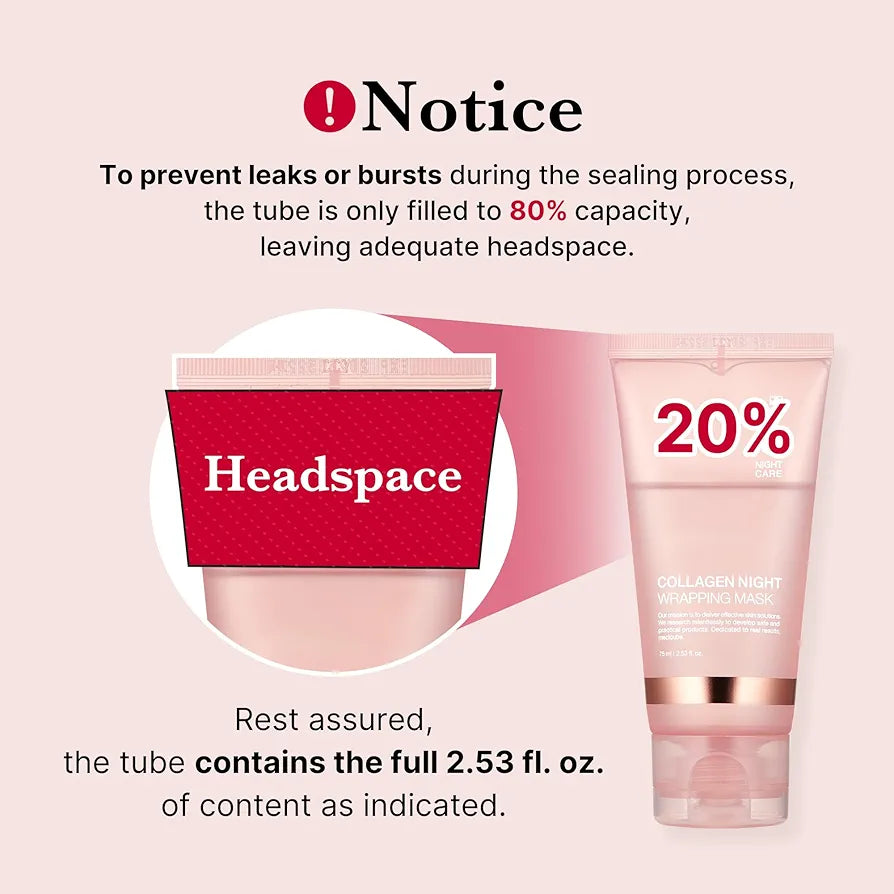 Product packaging with 'Headspace' branding and a notice about tube capacity on a pink background.