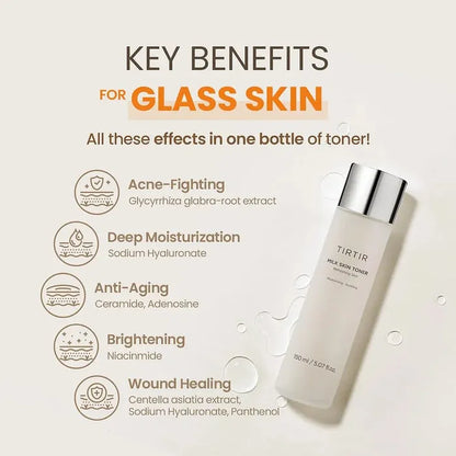 Toner bottle with key benefits for glass skin on a beige background