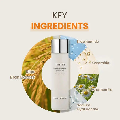 TIRTIR skincare product with key ingredients labeled on a beige backgroun