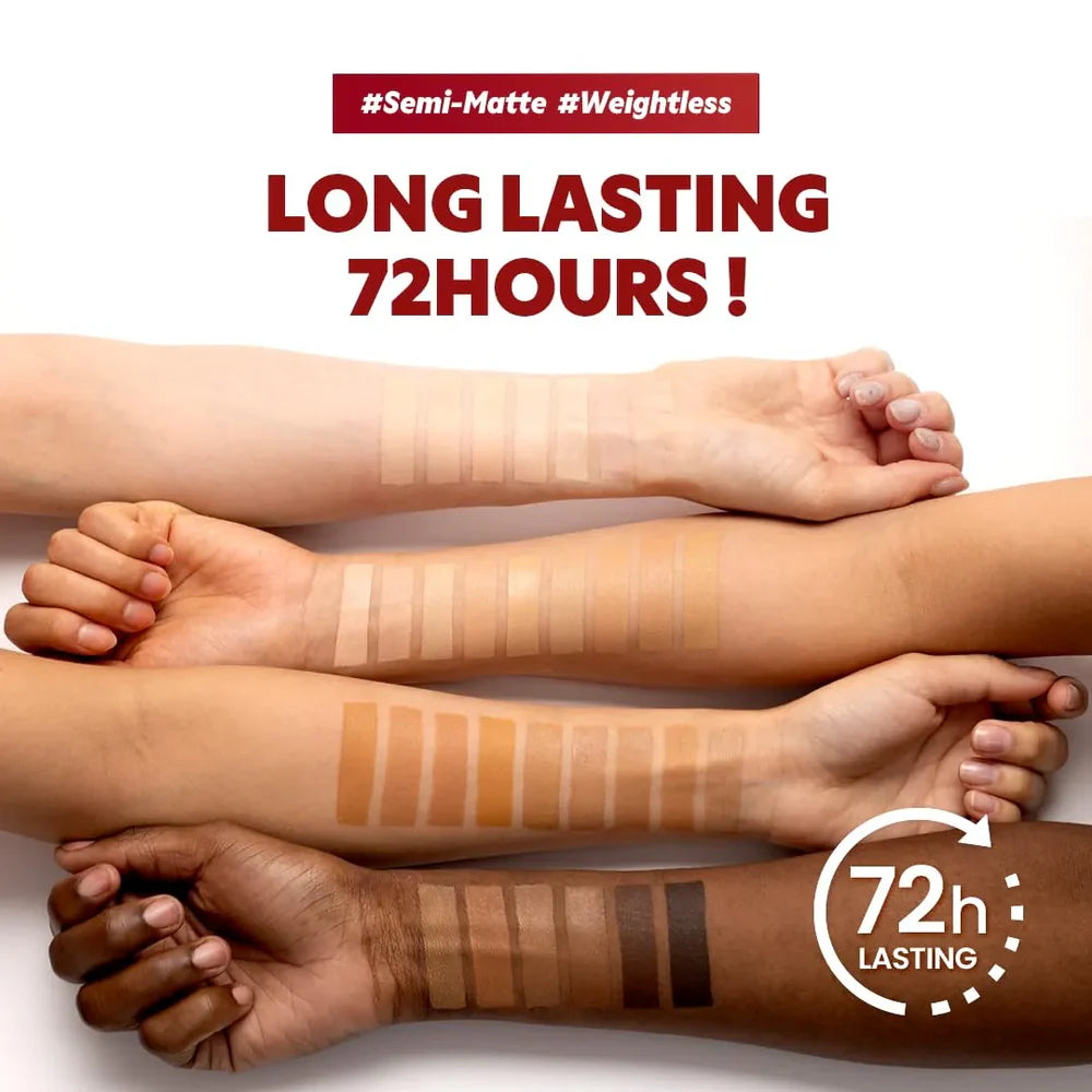 Hands with color swatches on arms and text indicating long-lasting makeup.