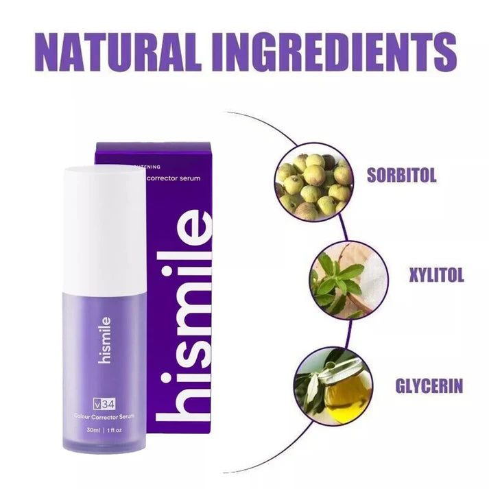 Hismile dental serum packaging with natural ingredients displayed on a white background