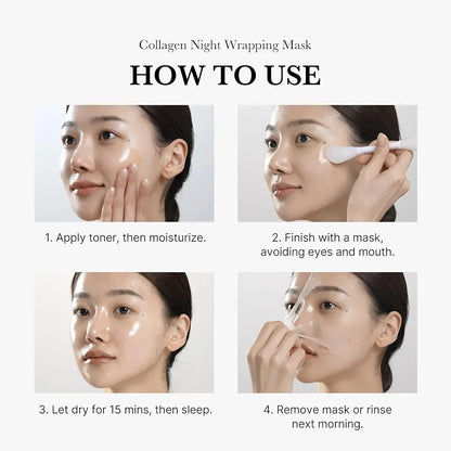Instructions on how to use a collagen night wrapping mask with a woman applying it.