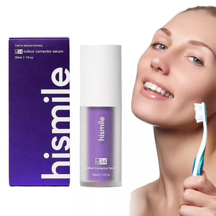 hismile serum bottle and packaging with a woman holding a toothbrush